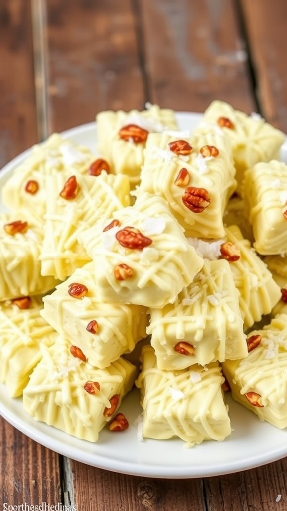 A plate of white chocolate haystacks made with chow mein noodles, nuts, and coconut.